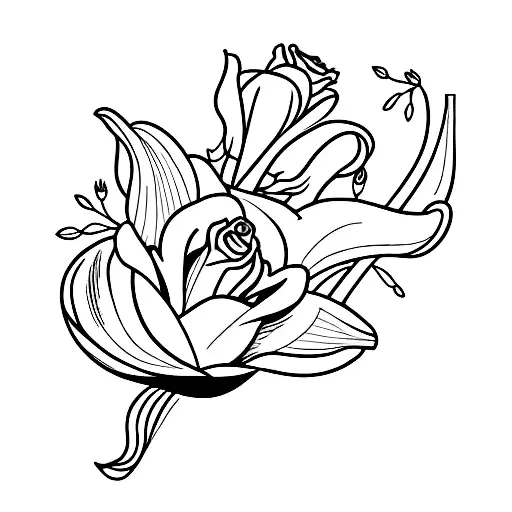 rose, orchid blue tulip and larkspur tattoo design idea