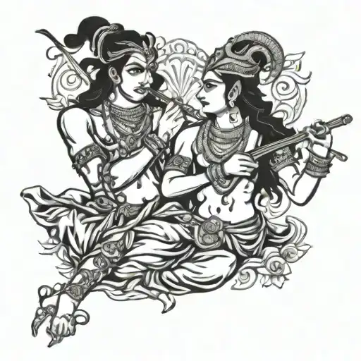 Shiva and Krishna playing flute tattoo design idea