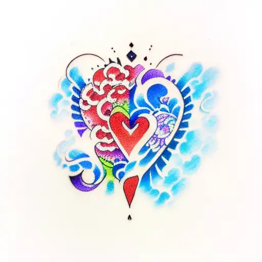 black rounded heart filled with half blue and half purple color tattoo design idea