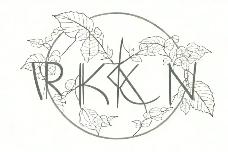 the word "Rxn" written in central position with physalis and forest scene inspired tattoo design idea
