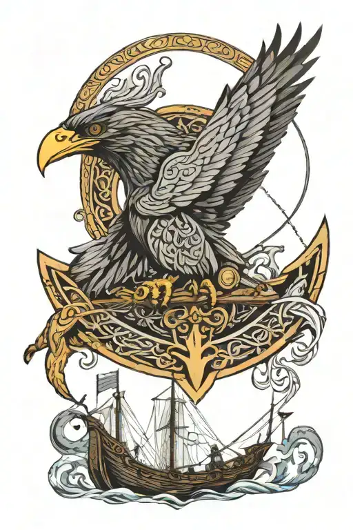raven, Odin, gates of Valhalla, Vikings doing the shield wall, and a viking boat make it realistic tattoo design idea