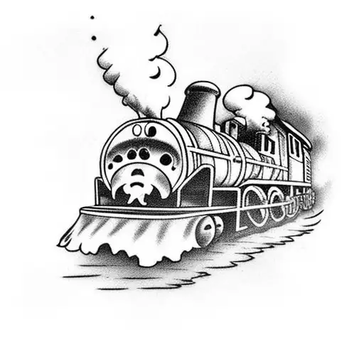 train engine on fire with skull on front coming out of train tunnel towards you tattoo design idea