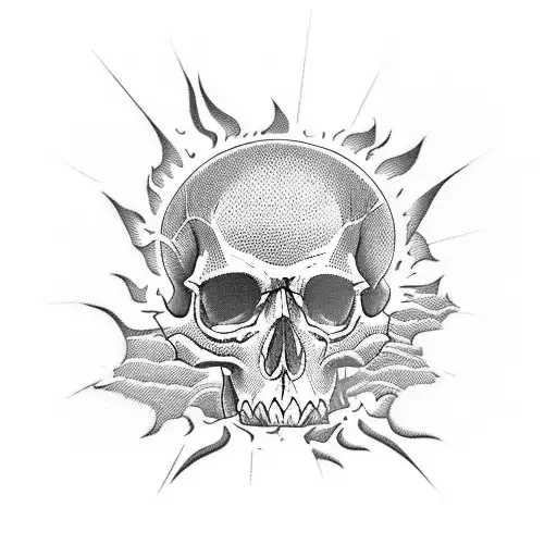 train with skull on front on fire coming out of train tunnel towards you tattoo design idea