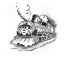train engine on fire with skull on front coming out of train tunnel towards you tattoo design idea
