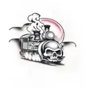train engine on fire with skull on front coming out of train tunnel towards you tattoo design idea
