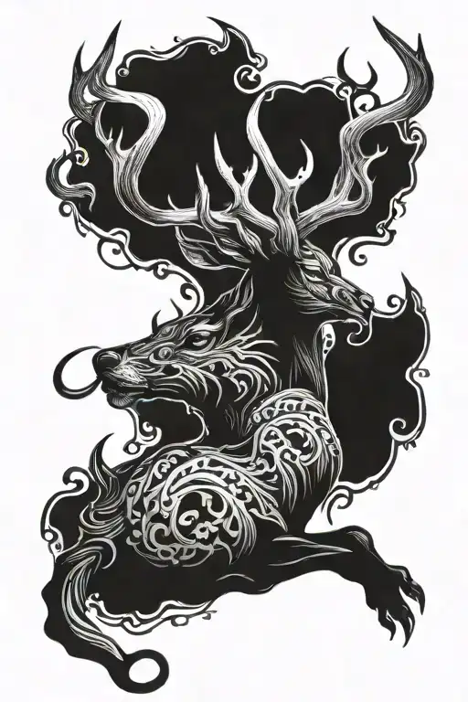 A dark and twisted demon deer with menacing horns, wrapping around your knee like a sinister guardian tattoo design idea