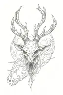 A stylized deer skull with devil horns emerging from it, front face, simple tattoo design idea