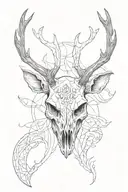 A stylized deer skull with devil horns emerging from it, front face, simple tattoo design idea