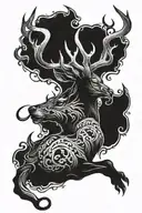 A dark and twisted demon deer with menacing horns, wrapping around your knee like a sinister guardian tattoo design idea