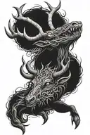 A dark and twisted demon deer with menacing horns, wrapping around your knee like a sinister guardian tattoo design idea
