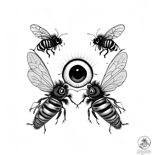 A psychedelic mushroom with eyes and bees buzzing around it tattoo design idea