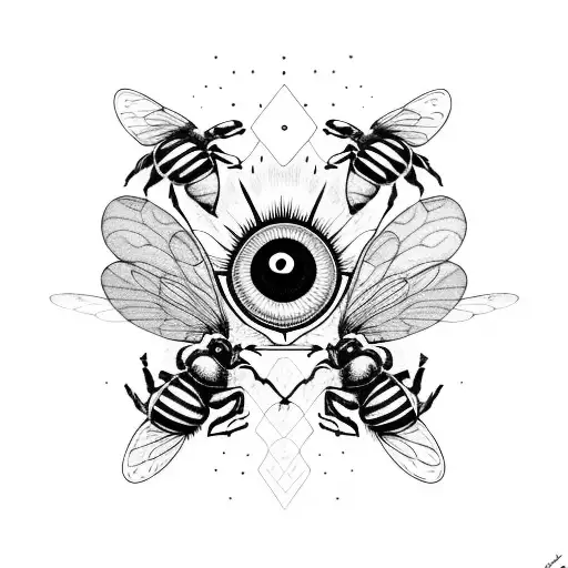 A psychedelic mushroom with eyes and bees buzzing around it tattoo design idea