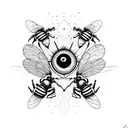 A psychedelic mushroom with eyes and bees buzzing around it tattoo design idea