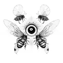 A psychedelic mushroom with eyes and bees buzzing around it tattoo design idea