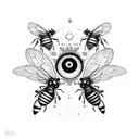 A psychedelic mushroom with eyes and bees buzzing around it tattoo design idea