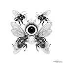 A psychedelic mushroom with eyes and bees buzzing around it tattoo design idea