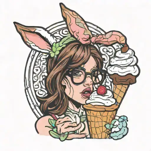 skinny white woman with brown hair, big nose with glasses and white bunny ears licks chocolate ice cream tattoo design idea