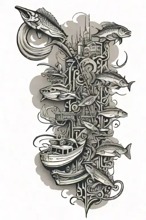 arm sleeve tattoo featuring San Antonio, waterburger, fishing, FM3009 ,I35 , the Alamo  tattoo design idea