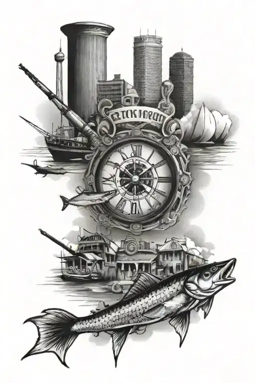 arm sleeve tattoo featuring San Antonio, waterburger, fishing, FM3009 ,I35 , the Alamo  tattoo design idea