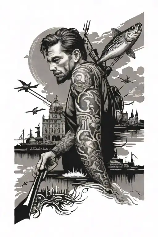 arm sleeve tattoo featuring San Antonio, waterburger, fishing, FM3009 ,I35 , the Alamo  tattoo design idea