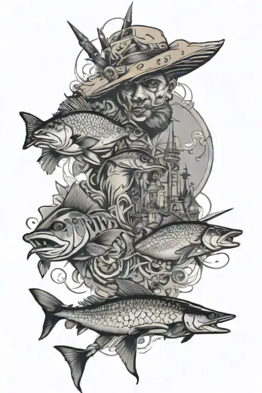 arm sleeve tattoo featuring San Antonio, waterburger, fishing, FM3009 ,I35 , the Alamo  tattoo design idea