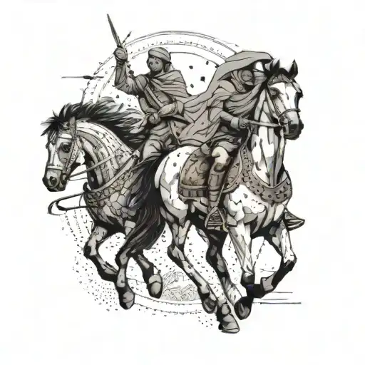 Create a mosaic of Turkic nomadic tribes riding horses across the vast steppes of Central Asia tattoo design idea