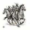 Create a mosaic of Turkic nomadic tribes riding horses across the vast steppes of Central Asia tattoo design idea
