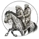 Create a mosaic of Turkic nomadic tribes riding horses across the vast steppes of Central Asia tattoo design idea