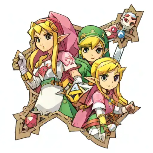 Zelda and Hilda from a link between worlds side by side portrait split down the middle by a fissure from the game tattoo design idea