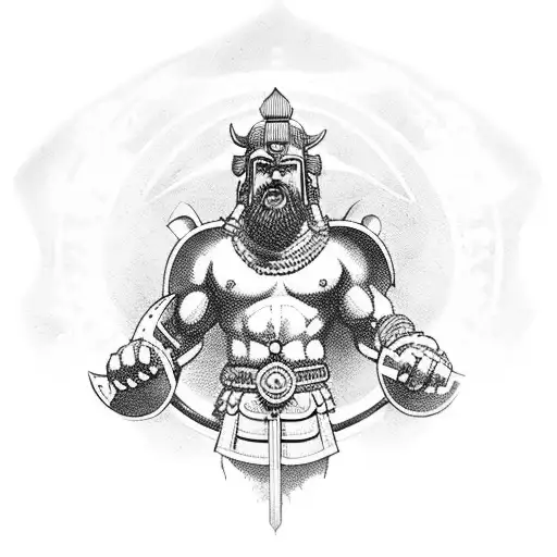 A powerful Spartan warrior standing tall, surrounded by gods from mythology in a blackwork style tattoo design idea