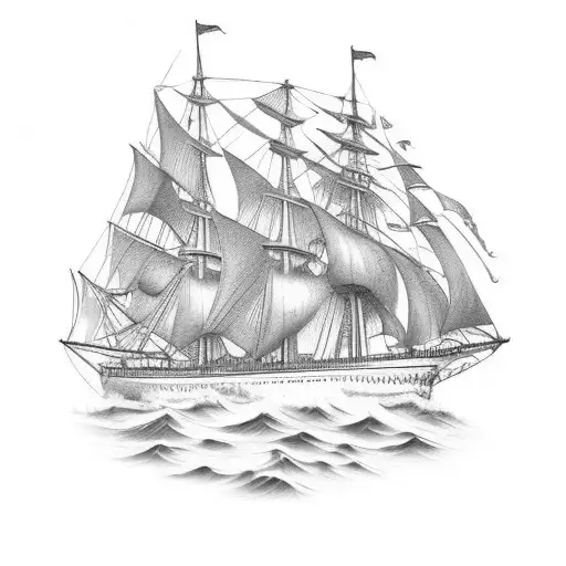 full masted sailing ship, iron sides, full broad side on atlas's shoulders tattoo design idea