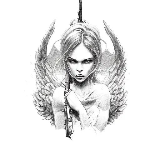 angel with assault rifle tattoo design idea