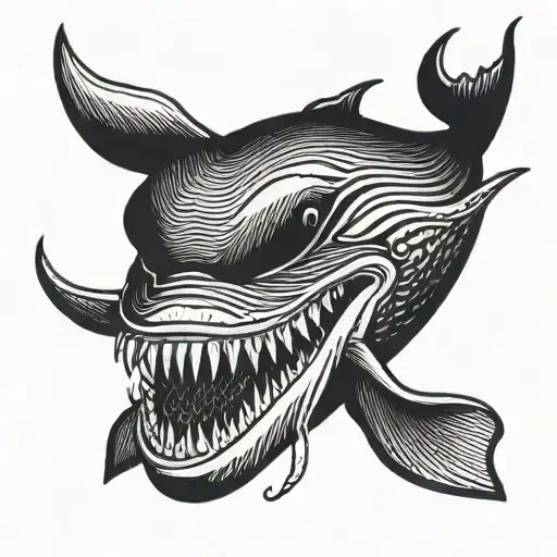 Whale with 3 devil horns and a mouth with human teeth tattoo design idea