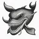 Whale with 3 devil horns and a mouth with human teeth tattoo design idea