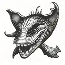 Whale with 3 devil horns and a mouth with human teeth tattoo design idea