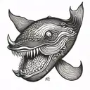 Whale with 3 devil horns and a mouth with human teeth tattoo design idea