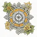  a design featuring the sun with rays extending outward, intersecting with clouds and shamrocks with the letters LAMY tattoo design idea