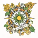  a design featuring the sun with rays extending outward, intersecting with clouds and shamrocks with the letters LAMY tattoo design idea