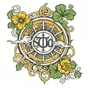  a design featuring the sun with rays extending outward, intersecting with clouds and shamrocks with the letters LAMY tattoo design idea