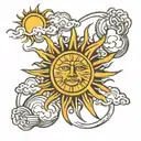  a design featuring the sun with rays extending outward, intersecting with clouds and the letters LAMY tattoo design idea
