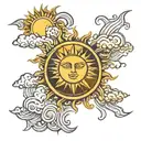  a design featuring the sun with rays extending outward, intersecting with clouds and the letters LAMY tattoo design idea