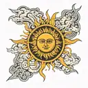  a design featuring the sun with rays extending outward, intersecting with clouds and the letters LAMY tattoo design idea
