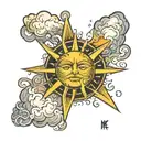  a design featuring the sun with rays extending outward, intersecting with clouds and the letters LAMY tattoo design idea