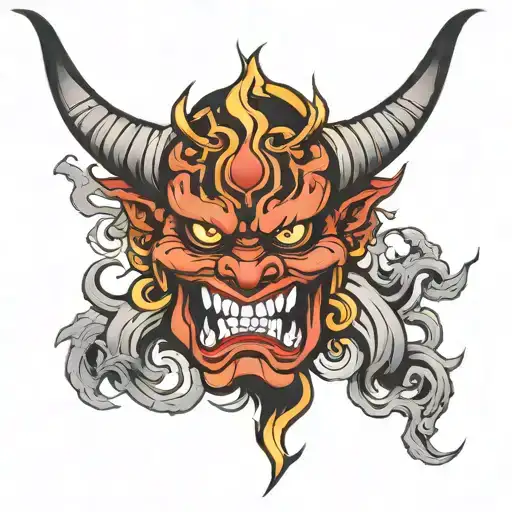 Oni mask thigh tattoo design idea