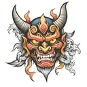 Oni mask thigh tattoo design idea
