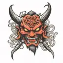 Oni mask thigh tattoo design idea