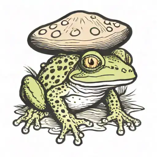 Frog with a mushroom hat sitting tattoo design idea