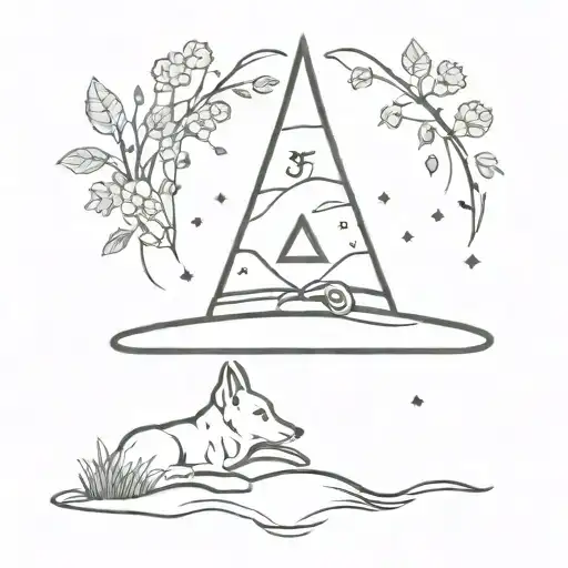 A minimalist tattoo of a witch's hat adorned with dog paw prints and surrounded by nature elements, reflecting the client's interest in witchcraft and dogs tattoo design idea