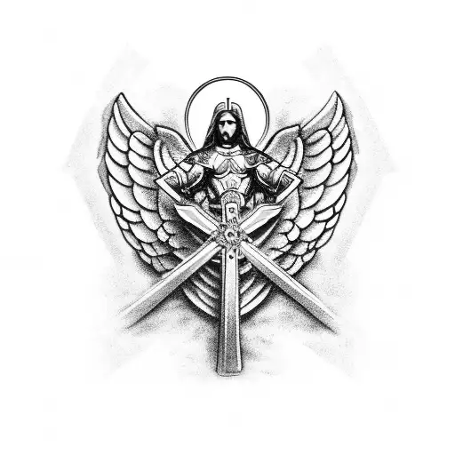 A warrior angel holding a shield with a cross, symbolizing protection and faith tattoo design idea