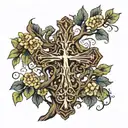 I'm looking to get a medium-sized tattoo on my arm, combining the roots of a tree wrapped around a cross. The style I'm  tattoo design idea